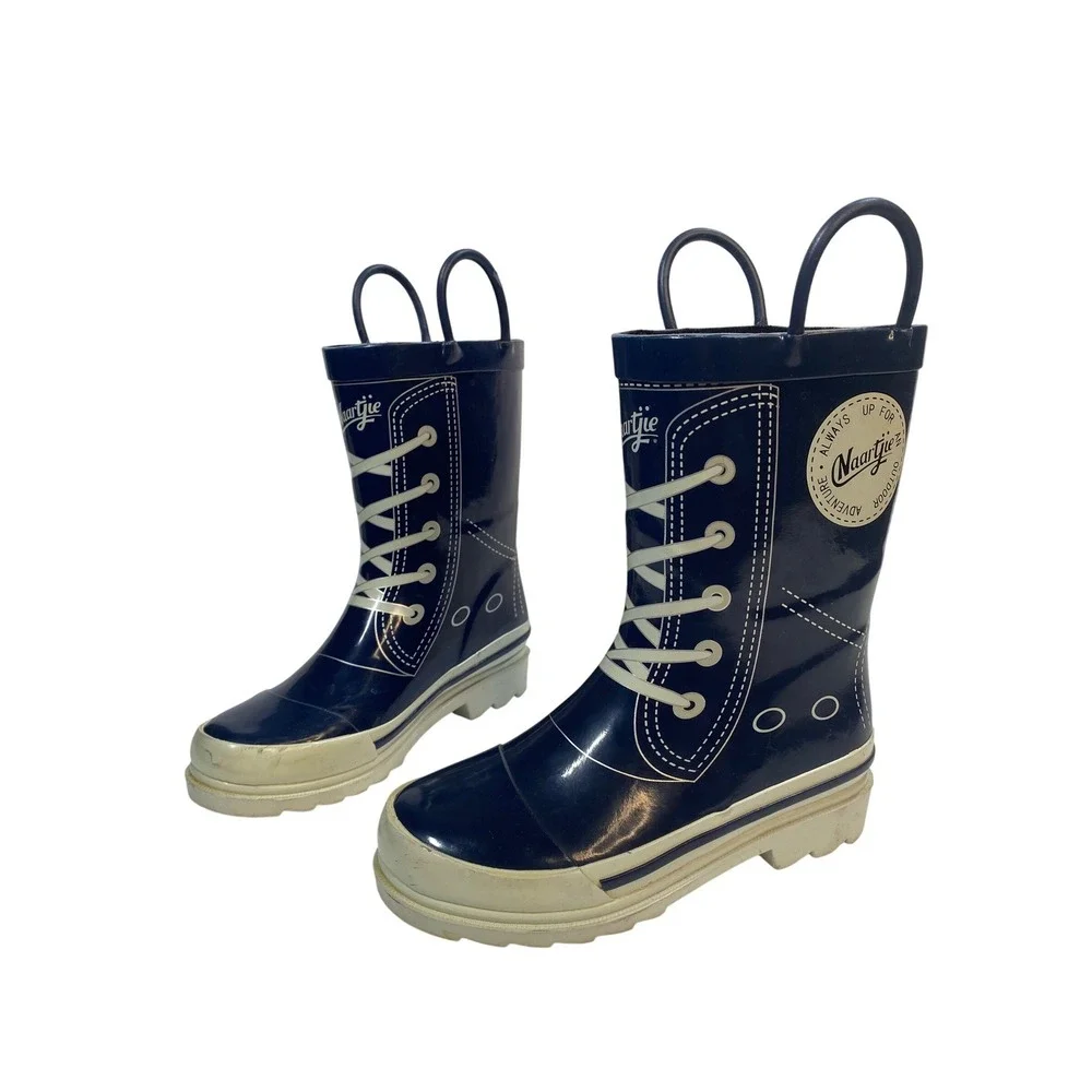 Naartjie Rain Boots Kids Size 12‎ Navy Blue Faux Lace Graphic Pull On Waterproof
